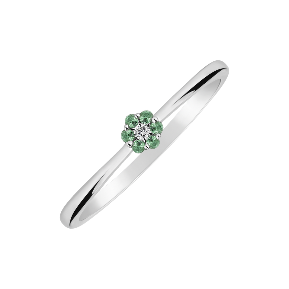 14ct white gold diamond ring with Emerald Shiny Flower