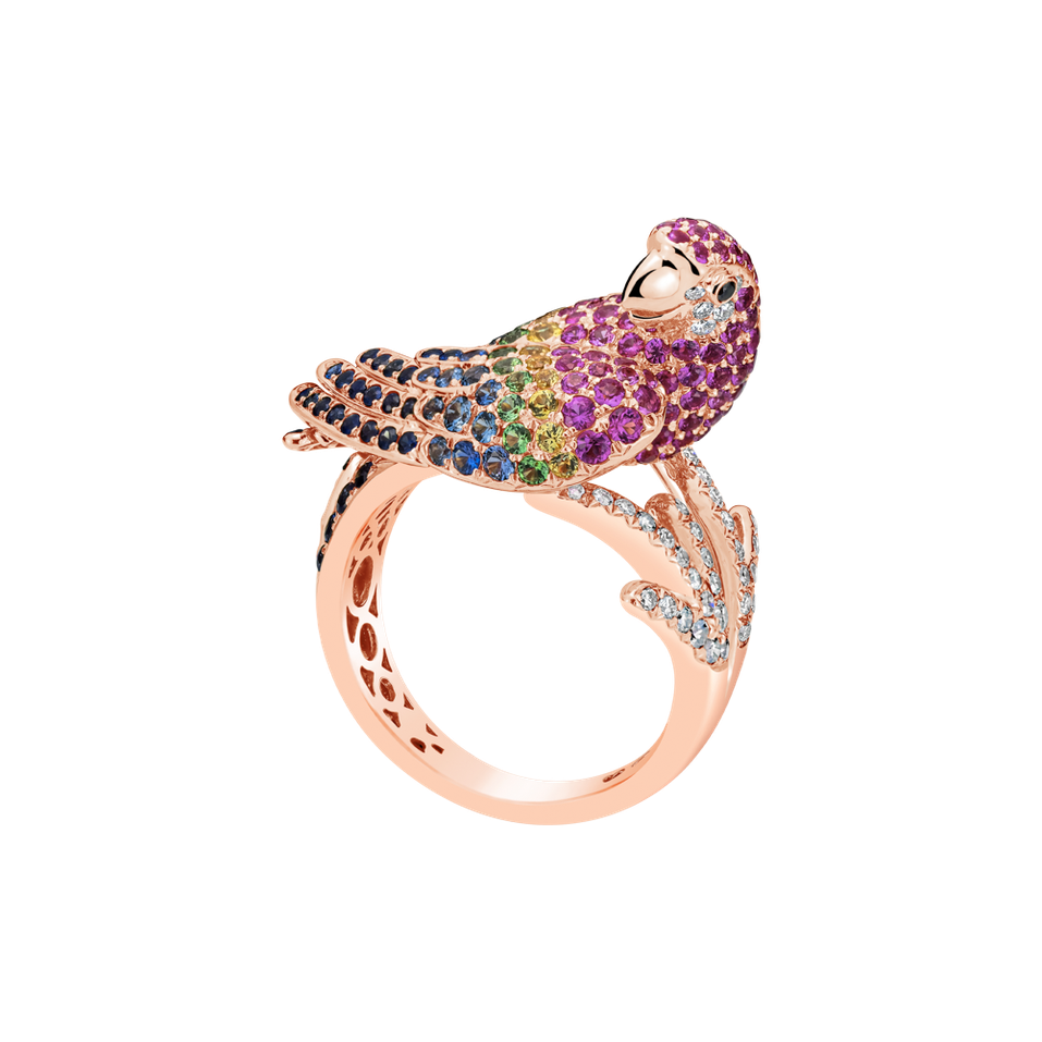 Diamond ring with Sapphire and Garnet Exotic Parrot