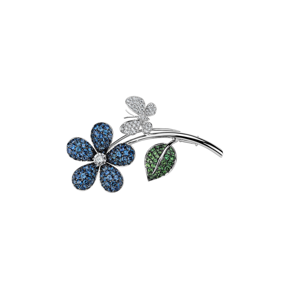 Diamond brooch with Sapphire and Garnet Heavenly Flower