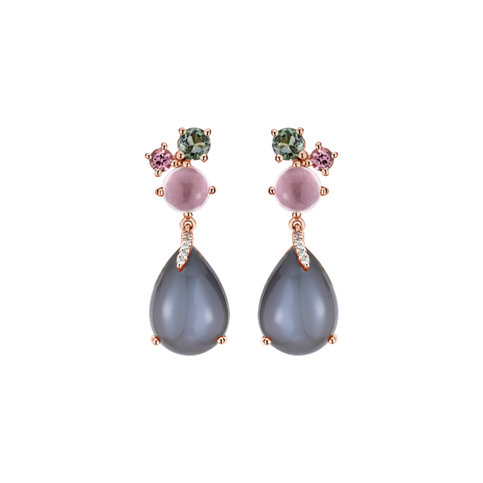 Diamond earrings with Moonstone, Tourmaline and Rose Quartz Alpenglow Rain