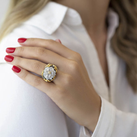 Ring with white, brown and black diamonds Night Magnolia