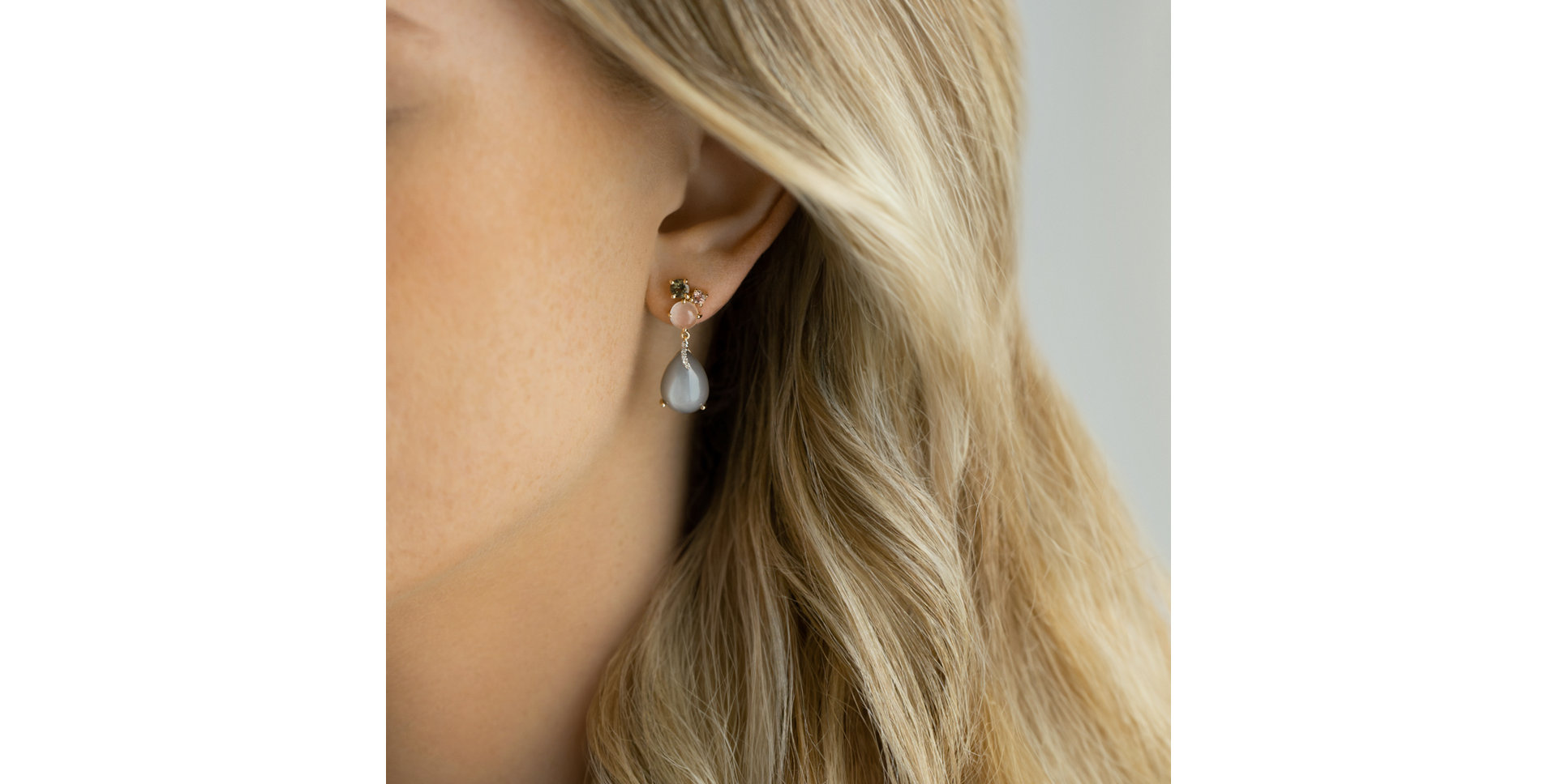 Diamond earrings with Moonstone, Tourmaline and Rose Quartz Alpenglow Rain