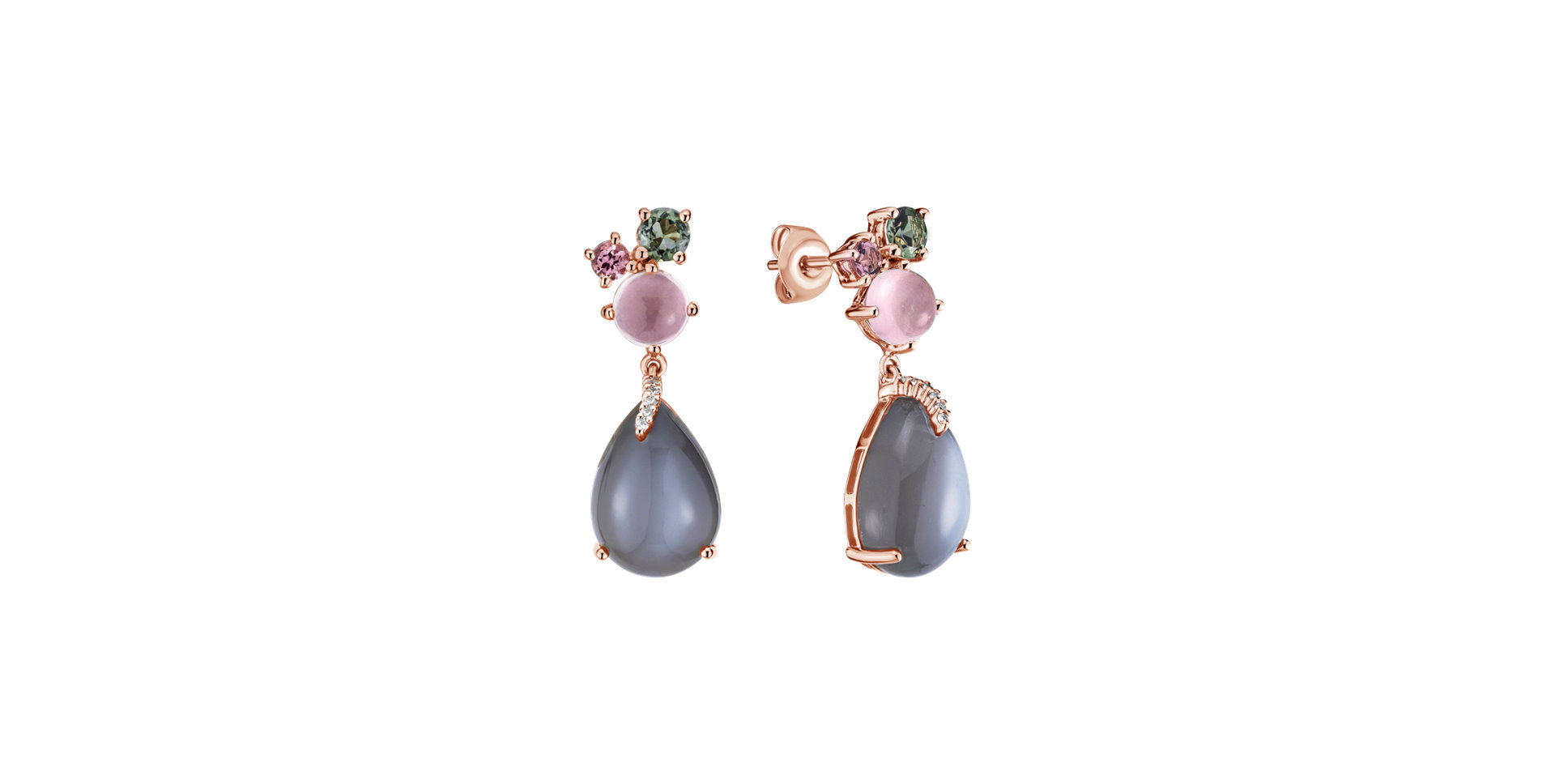 Diamond earrings with Moonstone, Tourmaline and Rose Quartz Alpenglow Rain